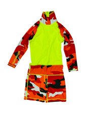 BOY'S SHORT SWIMSUIT - RED CAMO W- NEON YELLOW