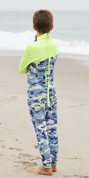 BOY'S LONG SWIMSUIT DAB - BLUE CAMO W- YELLOW