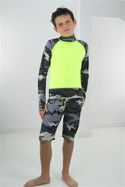 BOY'S SHORT SWIMSUIT - GREY CAMO W- YELLOW